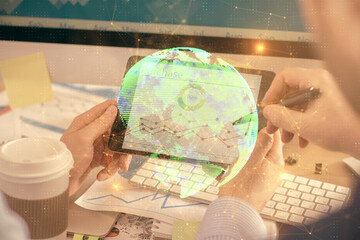 Poster - Double exposure of man's hands holding and using a phone and social network theme drawing.