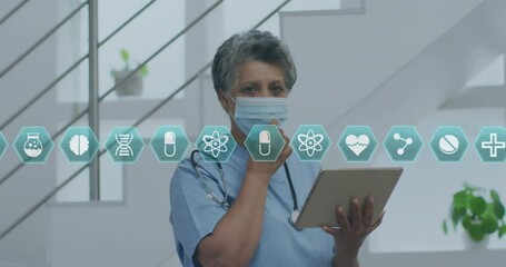 Sticker - Animation of medical icons over african american female doctor with tablet