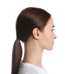 Wall Mural - Profile portrait of young woman on white background