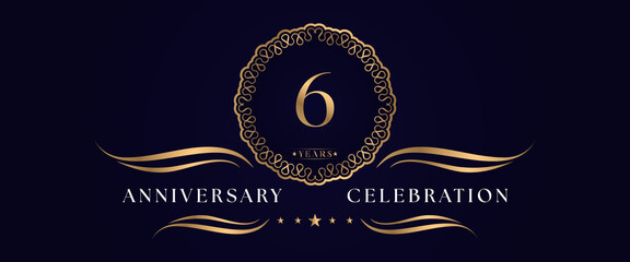 6 years anniversary celebration with elegant circle frame isolated on dark blue background. 6 years Anniversary logo. Vector design for greeting card, birthday party, wedding, event party, ceremony.