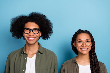 Photo of two guy lady see up advert optician shop sale specs wear stylish trendy shirt isolated blue color background