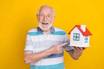 Poster - Portrait of attractive cheerful grey haired man demonstrating house apartment isolated over bright yellow color background