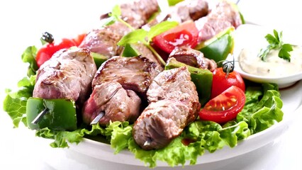 Wall Mural - grilled beef skewers, lettuce and sauce