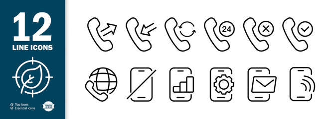 Poster - Handset set icon. Dialed, received, rejected, missed call. Call back. Around the clock, setting, message, phone, etc. Conversation concept.