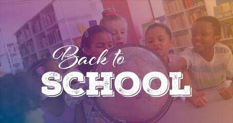 Poster - Animation of back to school over class of diverse pupils with globe