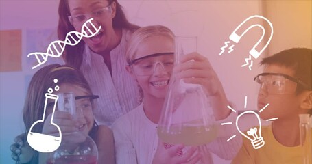 Poster - Animation of chemistry items over diverse pupils doing experiment