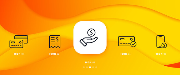 Poster - Banknote set icon. Bank, ATM, dollar, card, terminal, purchase, order, earnings, credit card, debit. Shopping concept. Infographic timeline with icons and 5 steps. Vector line icon for Business