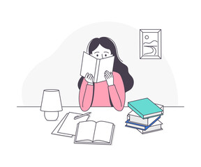 Girl School Pupil Doing Homework Sitting at Desk Studying with Book and Copybook Vector Illustration