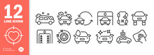 Automobile set icon. Car wash, wheel replacement, service station, polishing, replacement, rental, garage, recycling, etc. Car care concept. Vector line icon for Business and Advertising