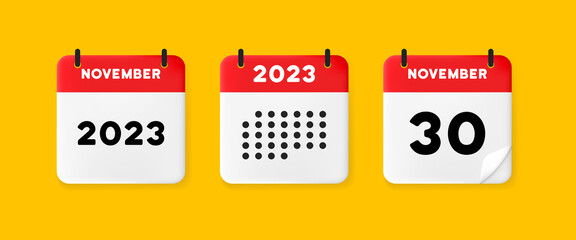 Wall Mural - Calendar set icon. Calendar on a yellow background with thirty november, 2023, 30 number text. Reminder. Date menegement concept. Vector line icon for Business and Advertising