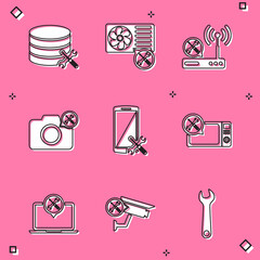 Sticker - Set Database server service, Air conditioner, Router wi-fi, Photo camera, Smartphone, Microwave oven, Laptop and Security icon. Vector