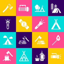 Set Flashlight, Burning Match With Fire, Tourist Tent, Flag, Compass, Wooden Axe And Icon. Vector