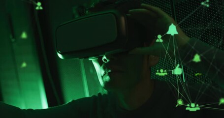 Poster - Animation of icons over african american man in vr headset