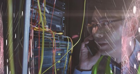 Poster - Animation of lights over asian man with smartphone working in server room