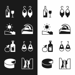 Sticker - Set Concert hall de Tenerife, Beach, Wine bottle with glass, Earrings, Apple cider, Algar waterfall and Cheese icon. Vector