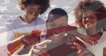 Sticker - Animation of american flag over african american father and children taking selfie