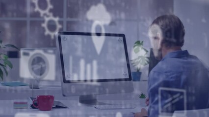 Poster - Animation of media icons over caucasian man using computer