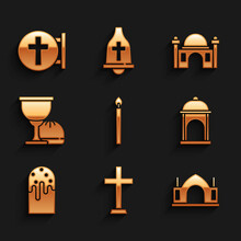 Set Burning Candle, Christian Cross, Hindu Spiritual Temple, Muslim Mosque, Easter Cake, Holy Grail Or Chalice, And Icon. Vector