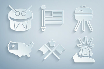 Poster - Set American flag, Barbecue grill, USA map, Statue of Liberty, and Drum and drum sticks icon. Vector