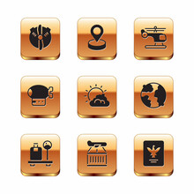 Set Plane Propeller, Scale With Suitcase, Sun And Cloud Weather, Airship, Helicopter, Passport And Location Icon. Vector