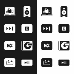 Sticker - Set Stop media button, Fast forward, Online play video, Stereo speaker, Music settings, Vinyl player with vinyl disk, Pause and Repeat track music icon. Vector