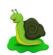 Vector Illustration Of Cute Green Snail Cartoon On Grass Isolated On White Background