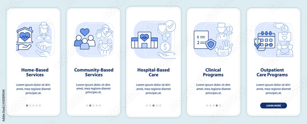 Medical care services light blue onboarding mobile app screen ...