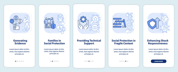 Social protection activities light blue onboarding mobile app screen. Walkthrough 5 steps graphic instructions pages with linear concepts. UI, UX, GUI template. Myriad Pro-Bold, Regular fonts used