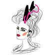 Girl in extravagant black and pink fancy hat, high hairstyle, hat decorated, strands of hair, sketch