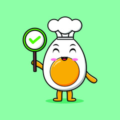 Wall Mural - Cute cartoon boiled egg chef character holding correct sign in vector fruit character illustration