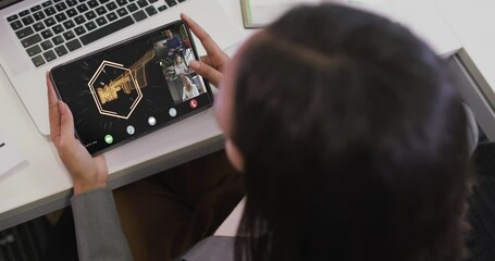 Sticker - Biracial businesswoman using tablet for video call with diverse business colleagues