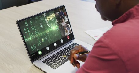 Poster - African american businessman using laptop for video call with diverse business colleagues