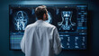 © Gorodenkoff - Medical Hospital Research Lab: White Male Neuroscientist Looking at TV Screen, Analyzing Brain Scan MRI Images, Finding Treatment for Patient. Health Care Neurologist Curing People. Back View Zoom