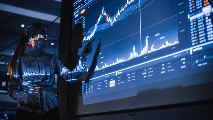 Poster - Business Conference Meeting Presentation: Businesswoman does Financial Analysis talks to Group of Businessspeople. Projector Screen Shows Stock Market Data, Investment Strategy, Revenue Growth