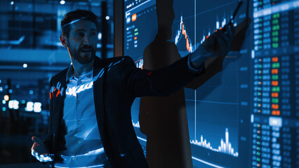 Aufkleber - Business Conference Meeting Presentation: Businessman does Financial Analysis talks to Group of Businessspeople. Projector Screen Shows Stock Market Data, Investment Strategy, Revenue Growth