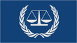 ICCT - International Criminal Court (Tribunal) embroidery flag. Emblem stitched fabric. Embroidered coat of arms. Country symbol textile background.