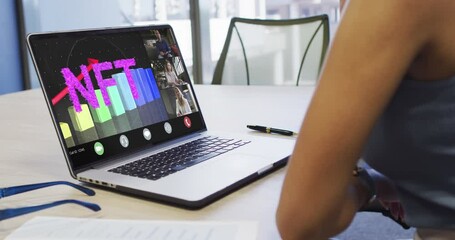 Canvas Print - Video of biracial woman having nft video call on laptop with diverse coworkers