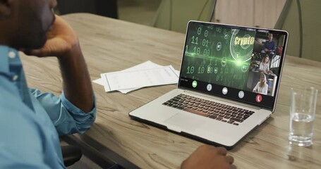 Poster - African american businessman using laptop for video call with diverse business colleagues