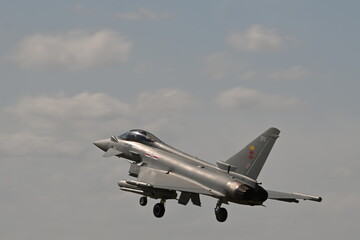 Military NATO fighter jet landing on Airfield, UK defence 