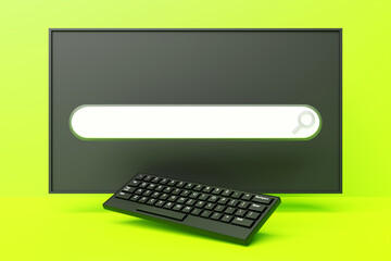 Fototapete - 3D illustration of a computer with a search frame, a box, an internet panel with a magnifying glass icon, and an audio search. The concept of a modern audio search on the Internet