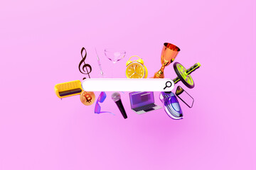 Poster - 3D illustration, search bar design element with  different equipment:  roller, winner cup, sunglasses,  sofa, glasses, microphone,music clef, clock, present, sofa and other. 