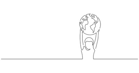 Wall Mural - Ecology and climate change concept in line art animation. Video footage of a kid holding the earth globe. Black linear video on white background. Animated gif illustration design.