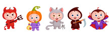 Set Of Children In Halloween Costumes. Funny Cartoon Characters.