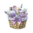 A basket with a bow, with glass bottles with oil and salt for the bath, a towel, a bath bomb and lavender branches. Watercolor illustration from a large set of Lavender SPA. For design and decoration.