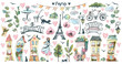 A large set of Parisian streets. Houses, plants, lanterns. Watercolor illustration in sketch style with graphic elements. For the design and decoration of postcards, posters, souvenirs, booklets