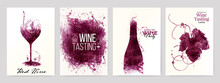 Collection Of Templates With Wine Designs. Illustration With Background Wine Stains, Glass, Bottle, Vine Leaf.