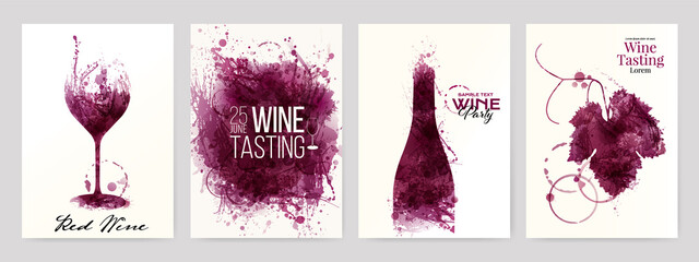 Wall Mural - Collection of templates with wine designs. Illustration with background wine stains, glass, bottle, vine leaf.