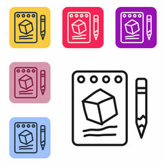Poster - Black line Sketch on paper icon isolated on white background. Set icons in color square buttons. Vector