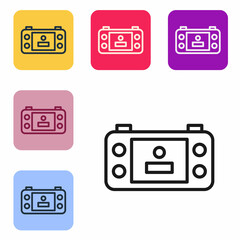 Poster - Black line Portable video game console icon isolated on white background. Handheld console gaming. Set icons in color square buttons. Vector
