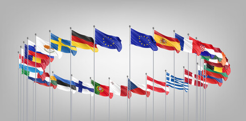 27 waving flags of countries of European Union (EU). Grey background. 3D illustration.